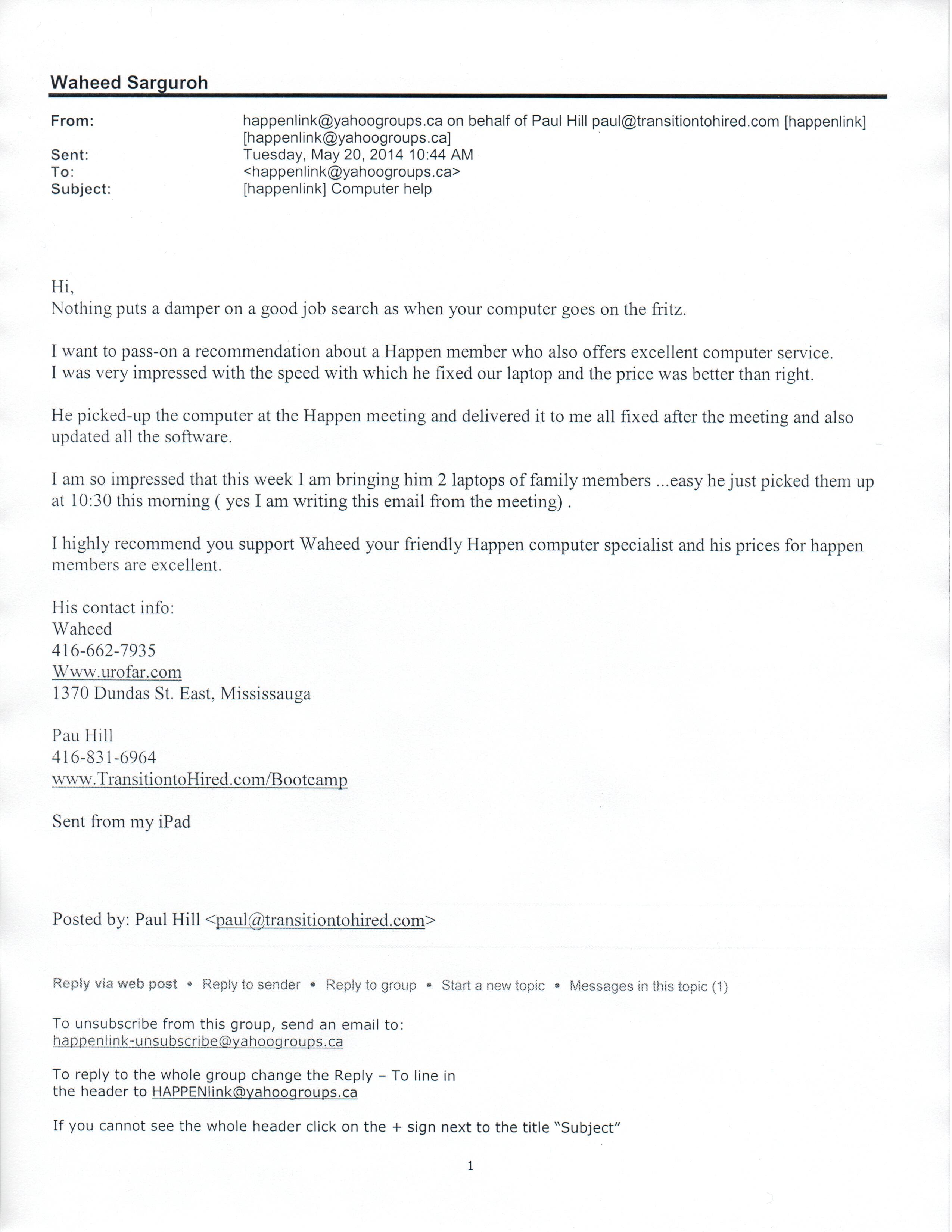 Appreciation from Paul Hill