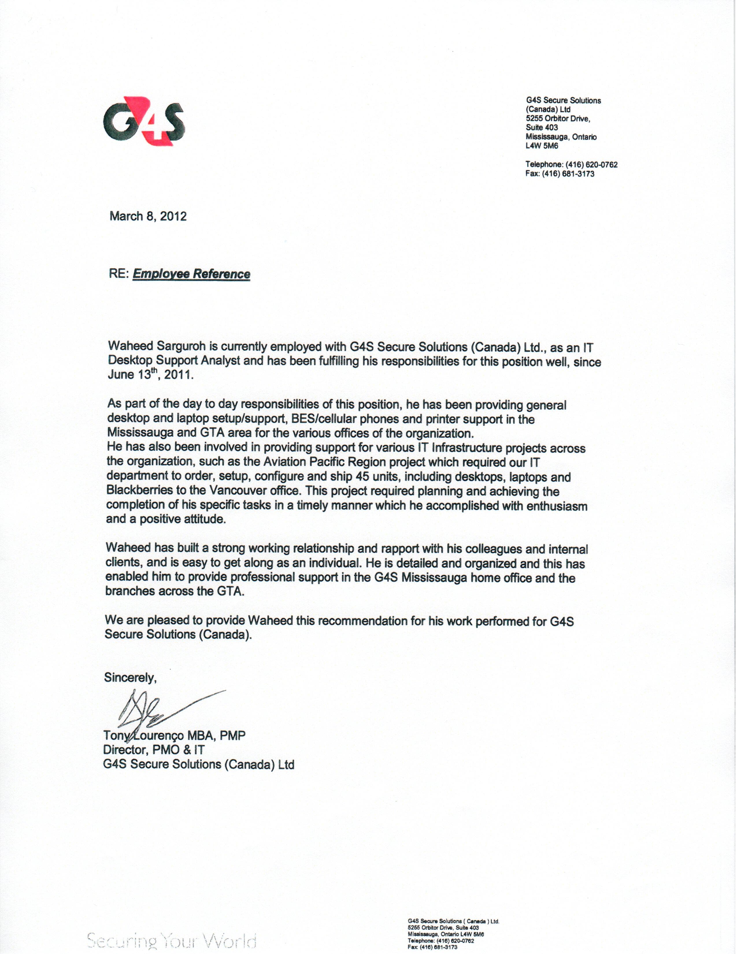 Reference Letter from G4S IT Director