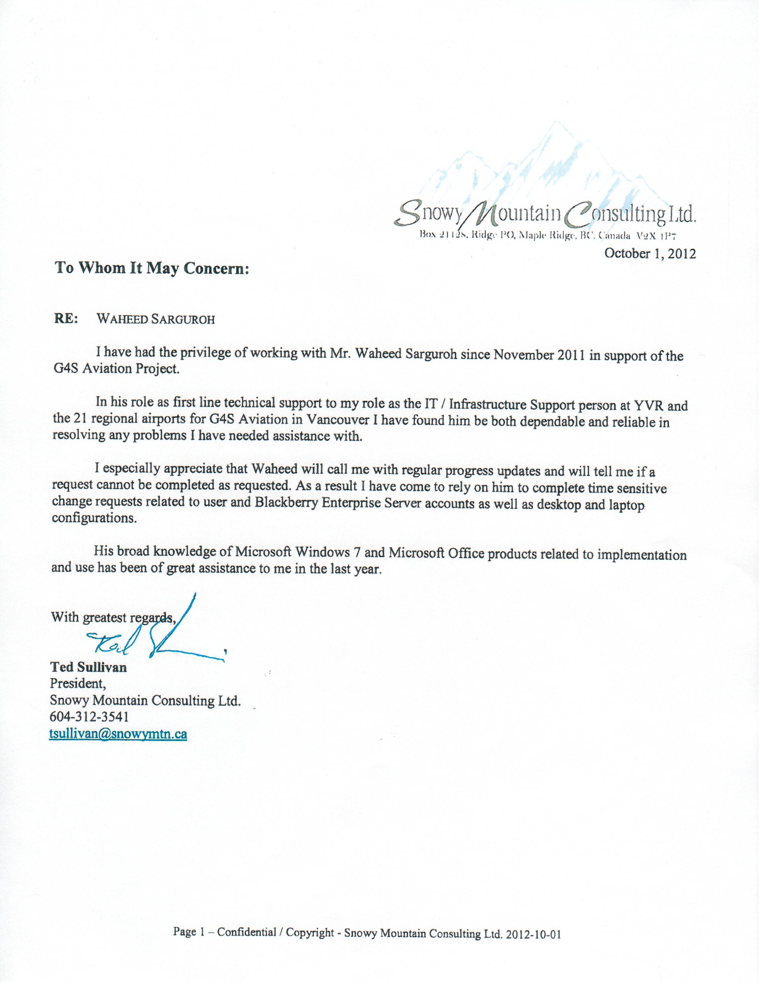 Appreciation Letter from Ted Sullivan