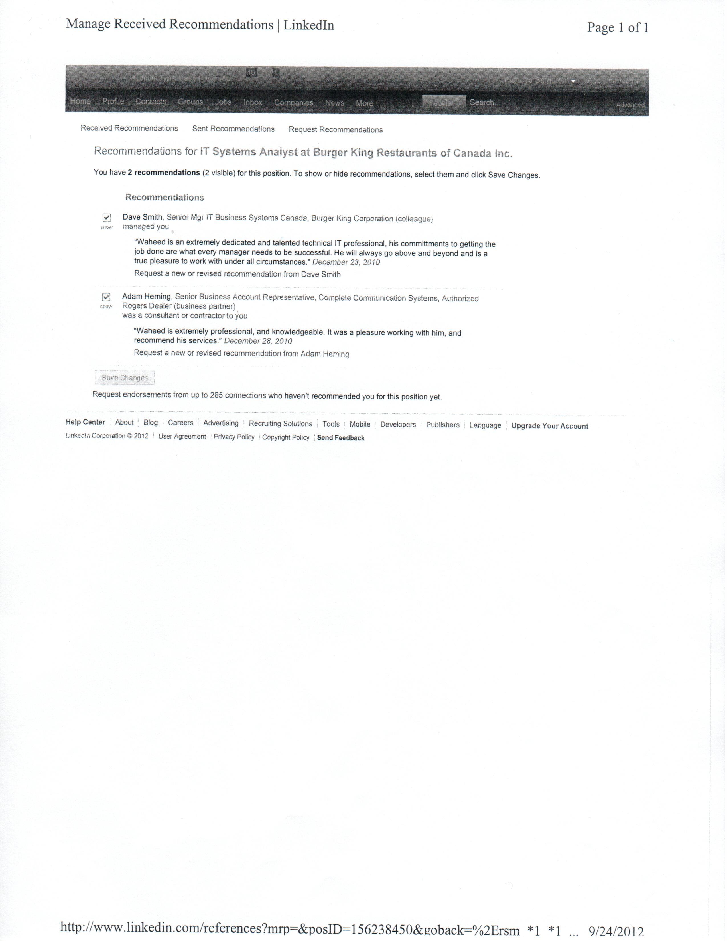 Recommendations of LinkedIn - Burger King Resources