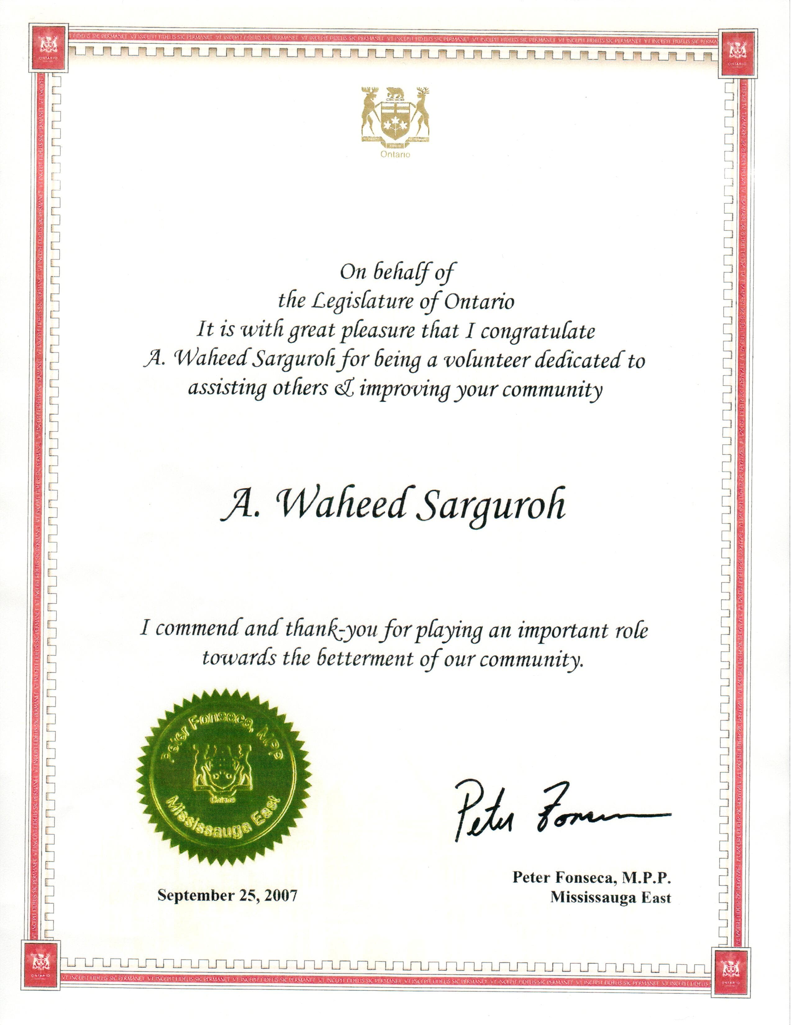 Congratulate on doing Volunteer Job - From MPP