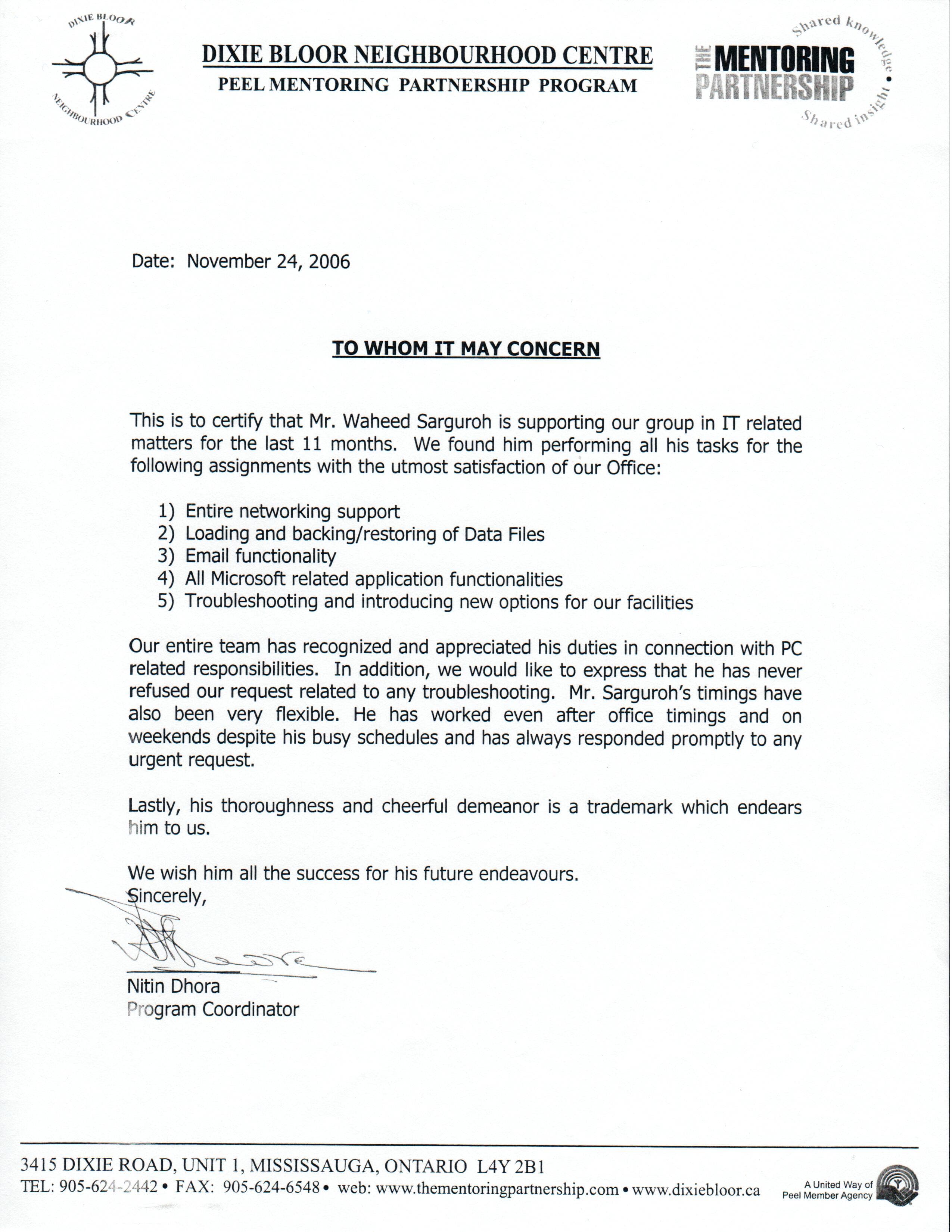 Work Performance Letter from Nitin Dhora