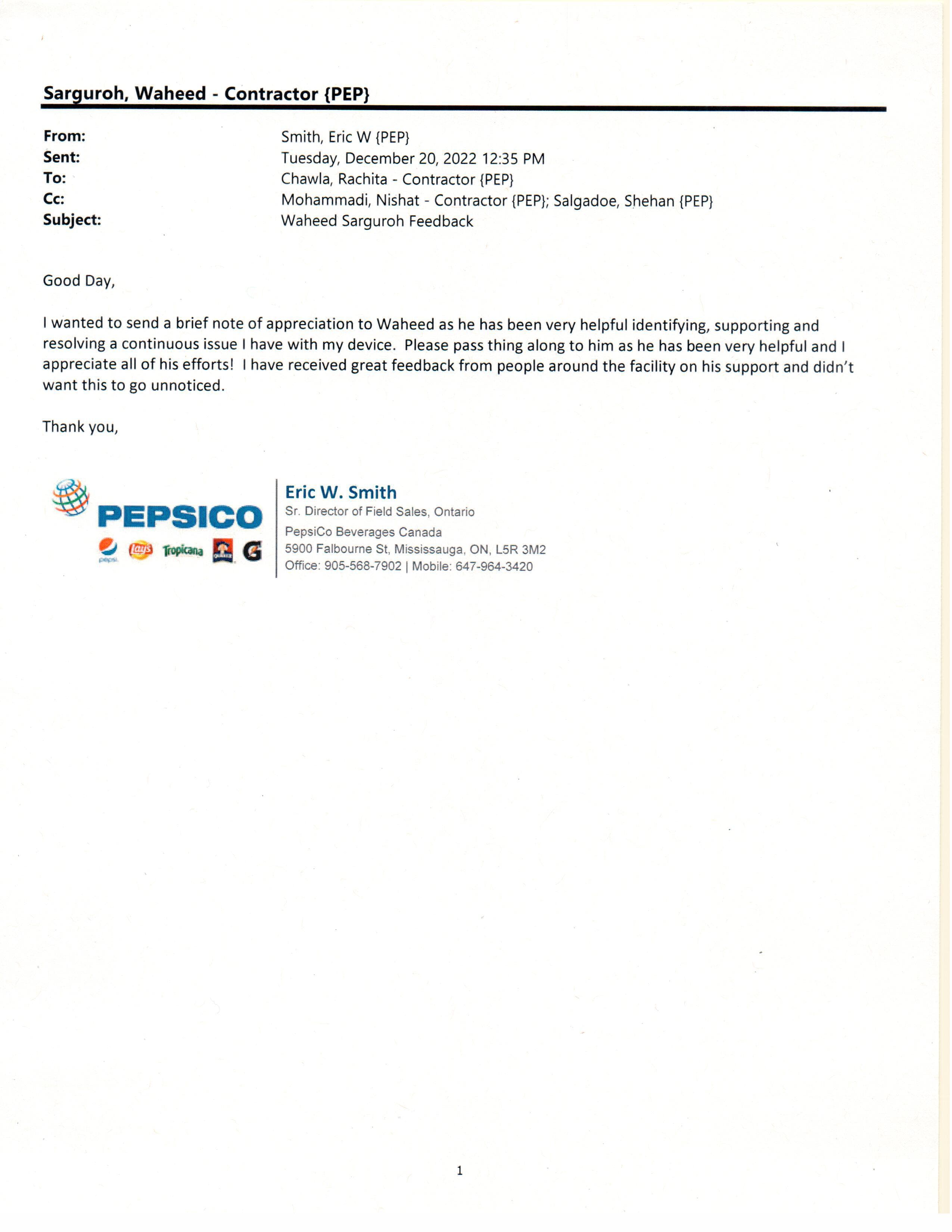 Appreciation from Senior Director - PepsiCo