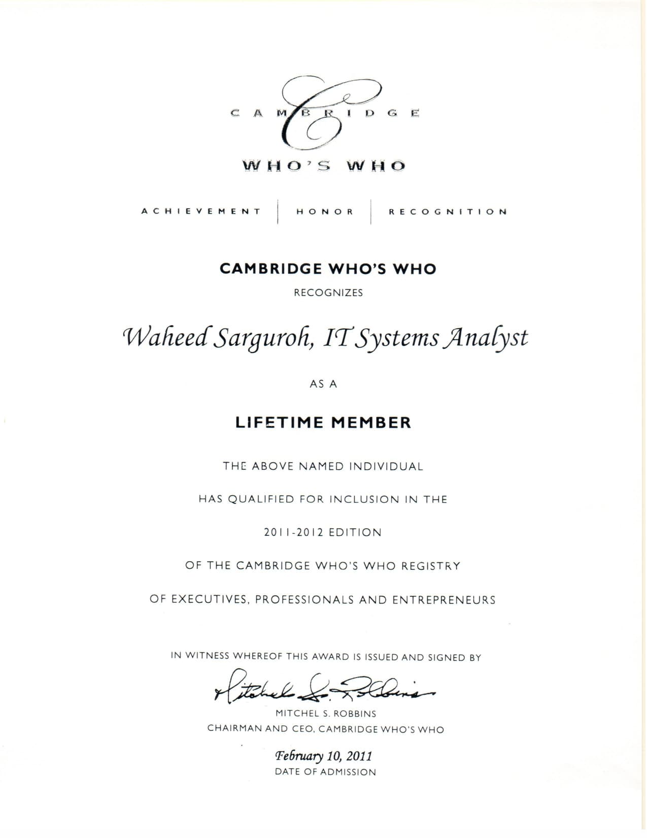 Recognition from Cambridge Who's Who