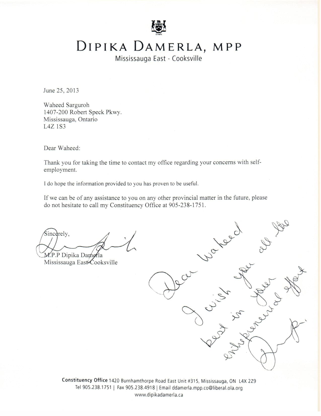 Best Wishes from MPP Mississauga