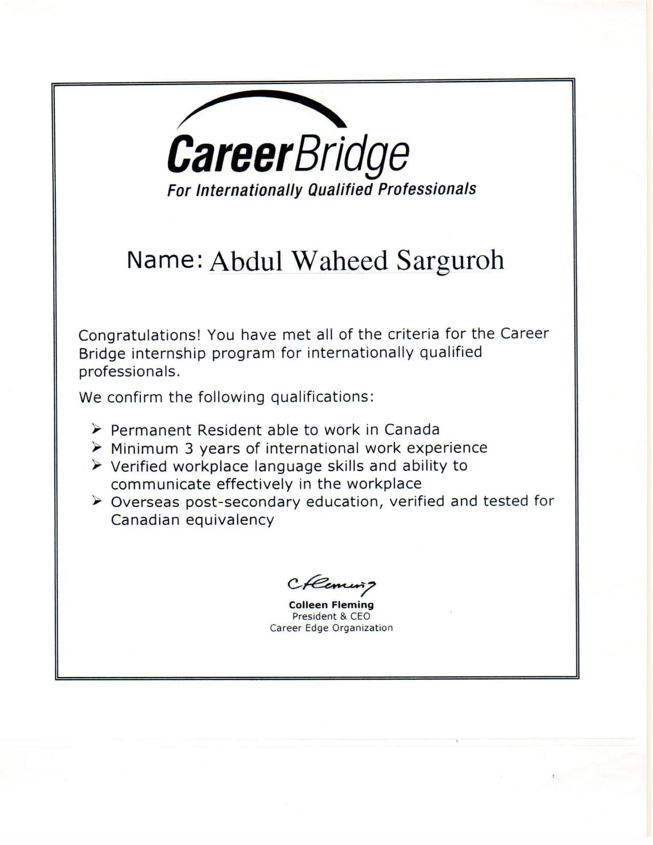 Successfully Completion of Internship Program from Career Bridge