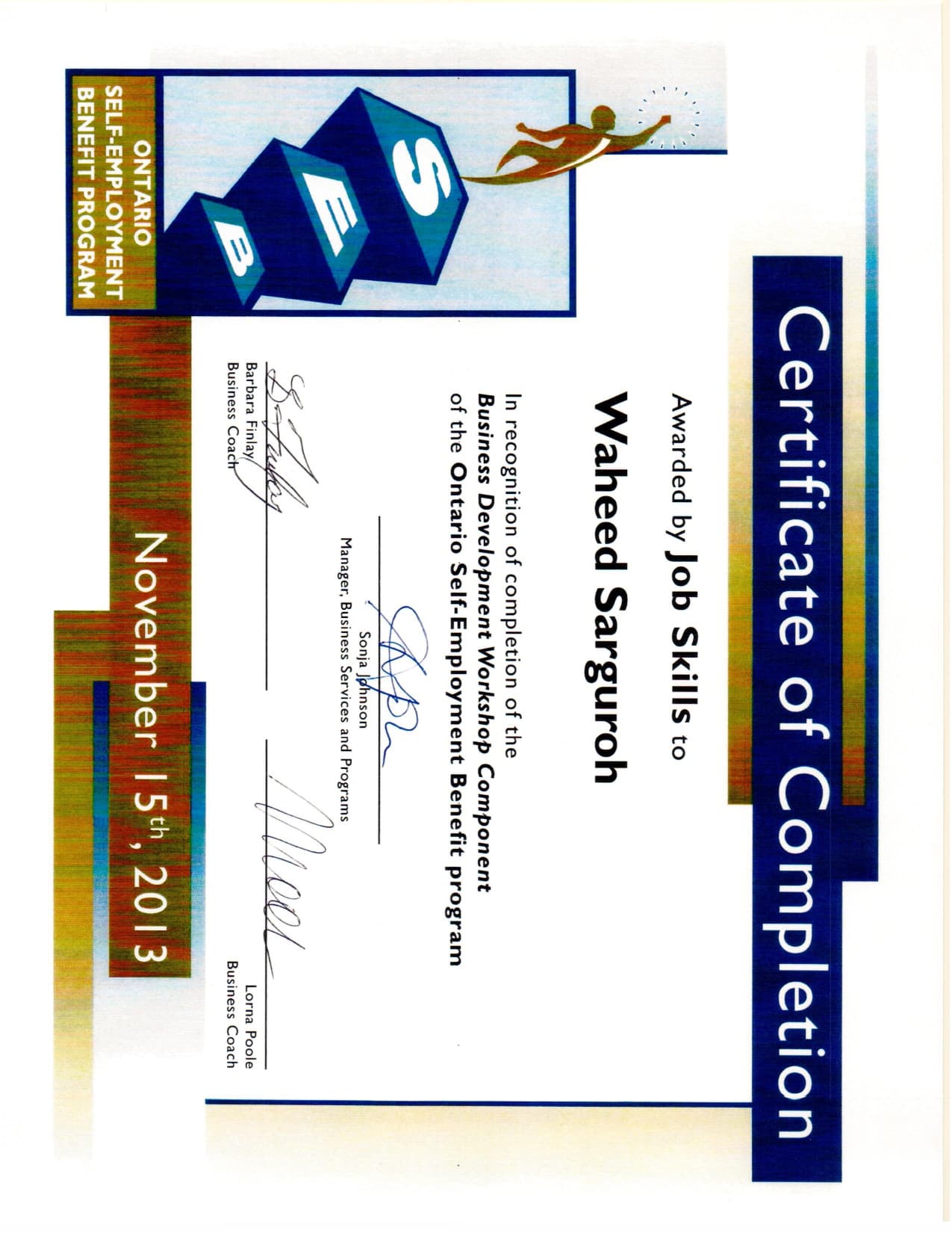 Completion of Ontario Self-Employment Benefit Program