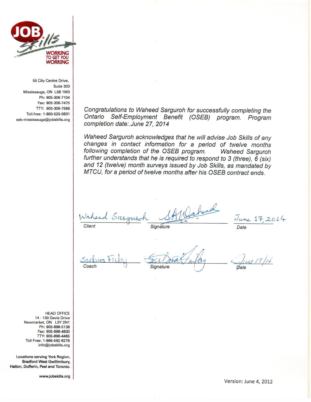 Letter from Job Skills